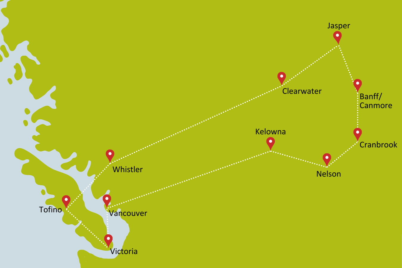 Karte zur Mietwagenrundreise BC a la Carte