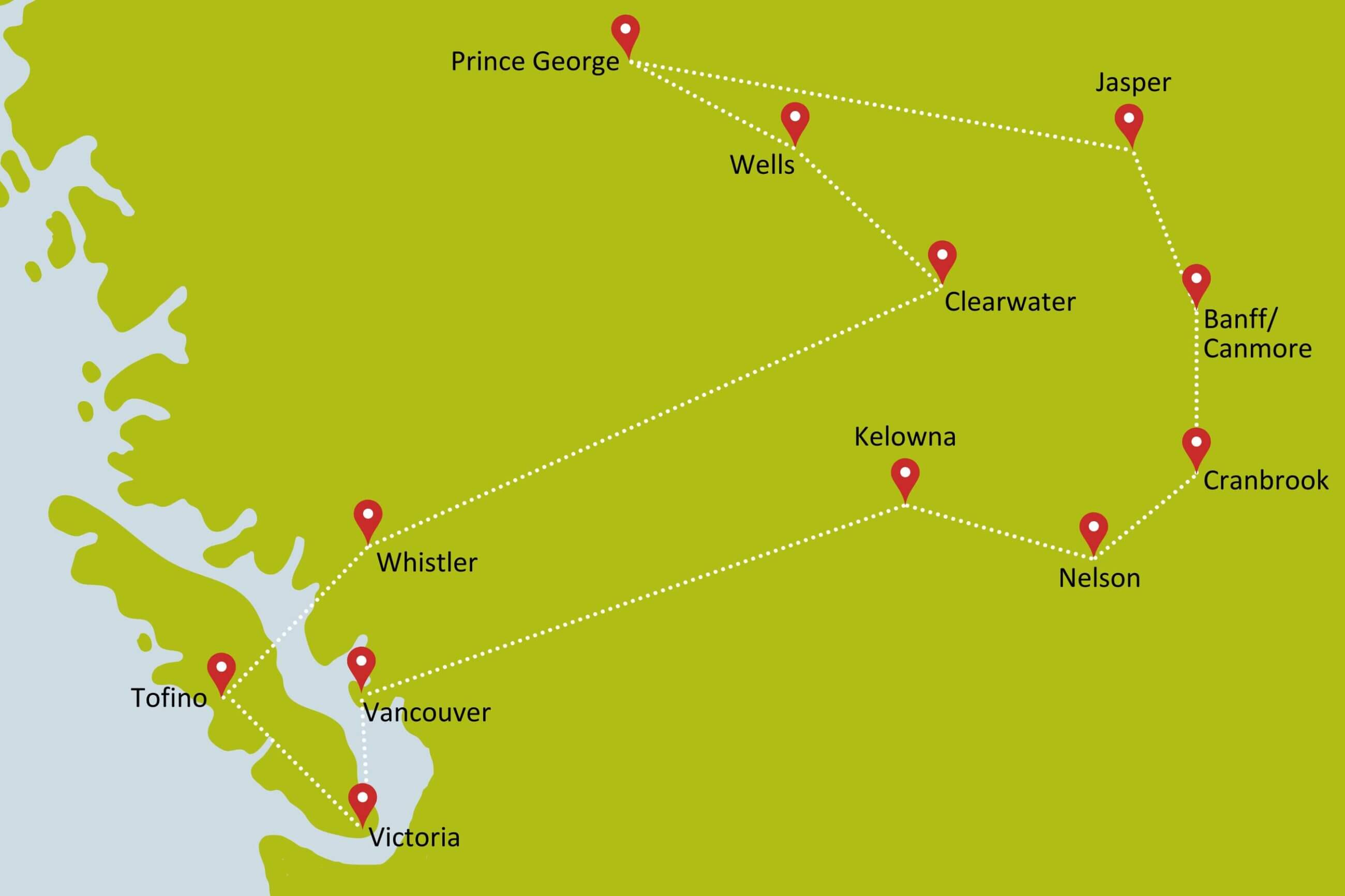 Karte zur Mietwagenrundreise British Columbia á la Carte