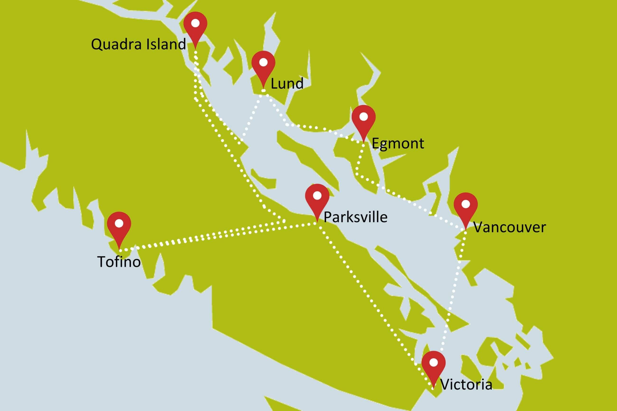 Karte zur Mietwagenrundreise Vancouver Island und Sunshine Coast Explorer