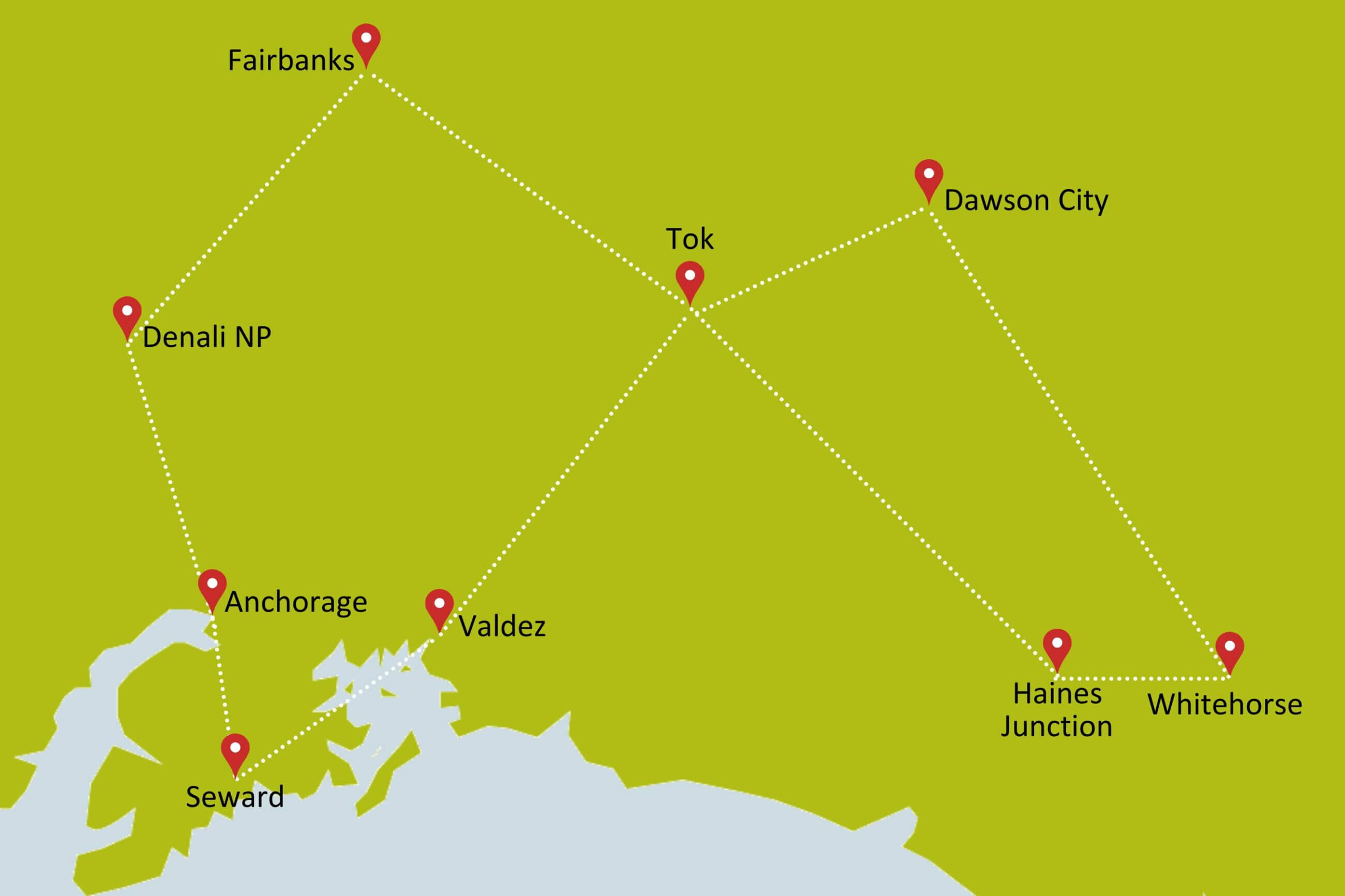 Karte zur Gruppenrundreise Best of Yukon und Alaska