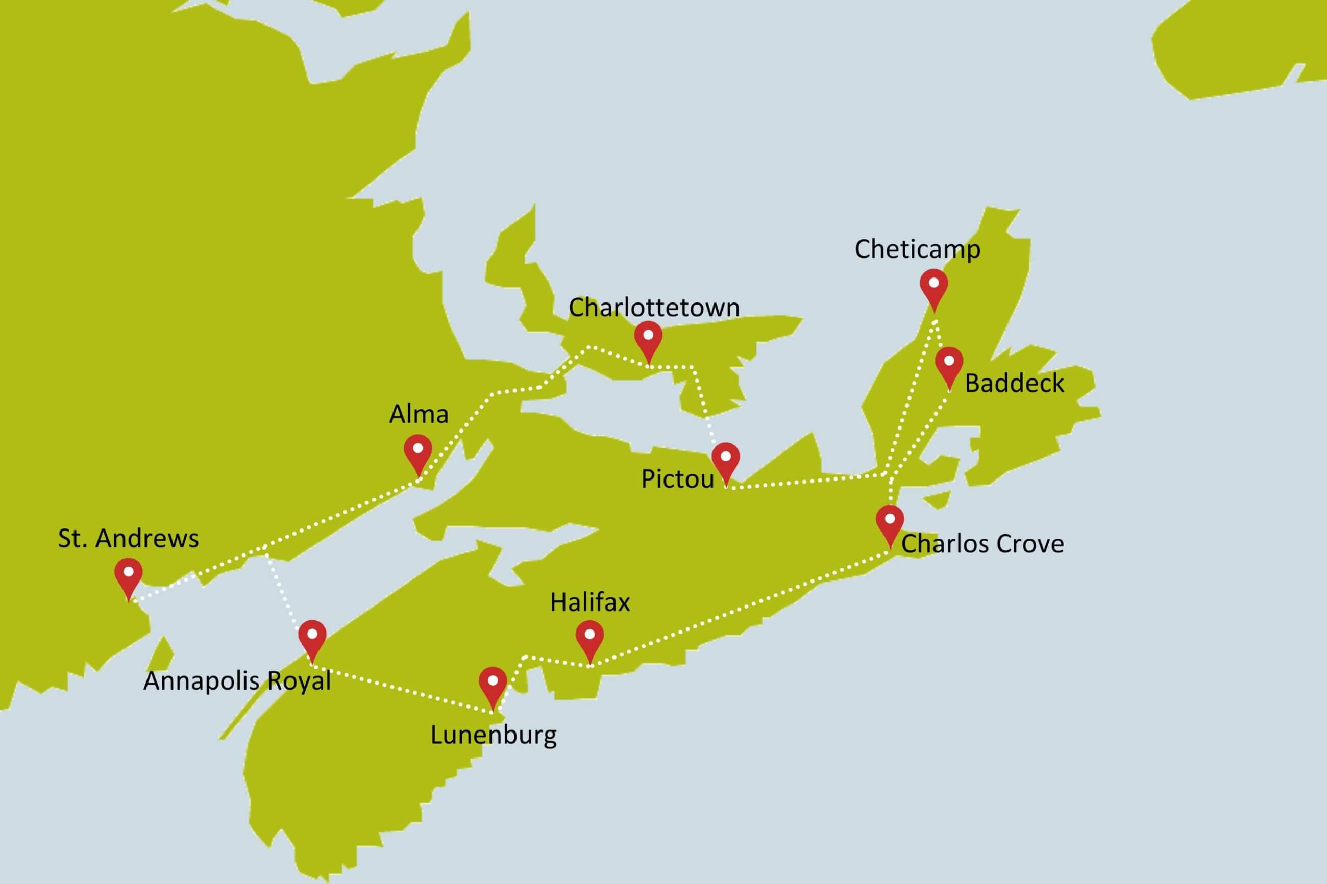 Karte zur Mietwagenrundreise Country Inns of the Maritimes
