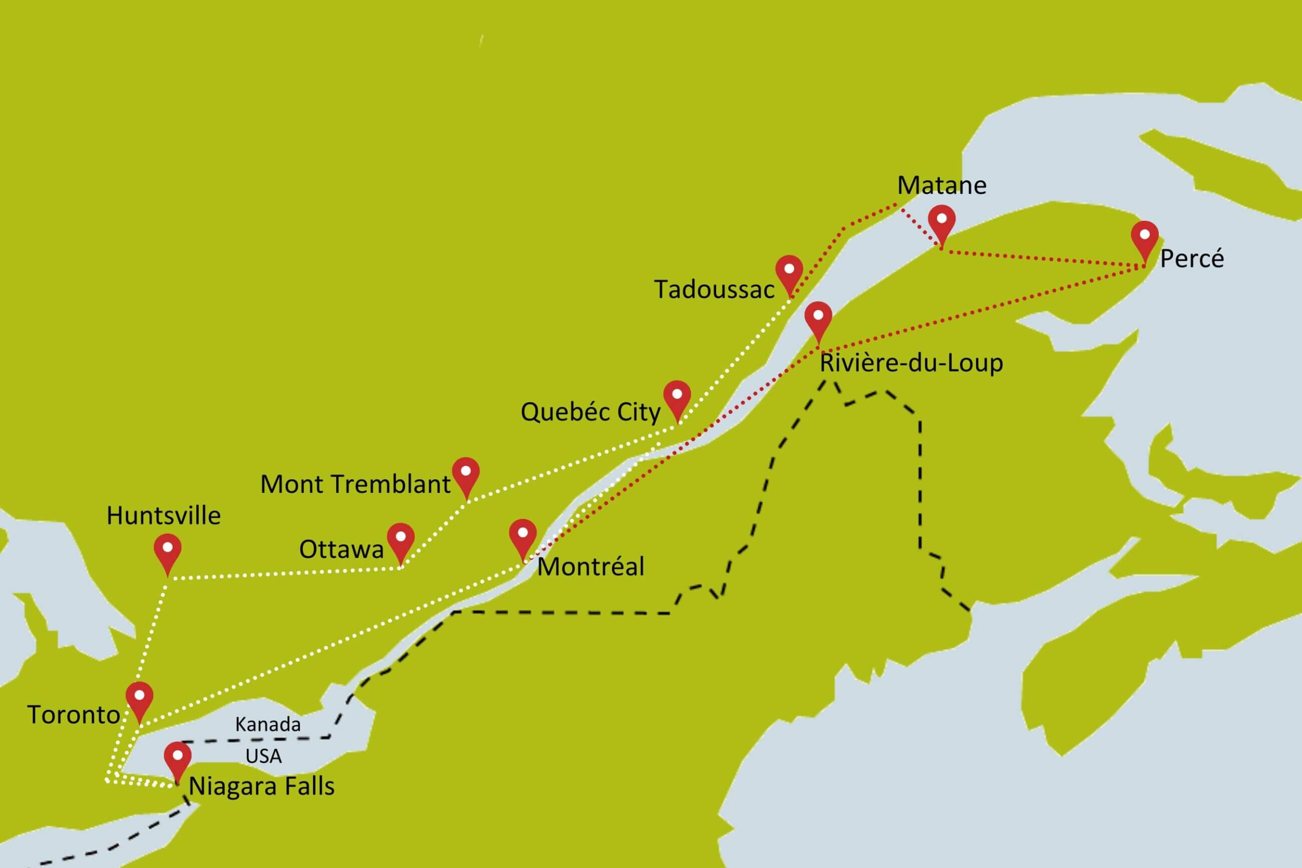 Karte zur Mietwagenrundreise Eastern Canada Explorer