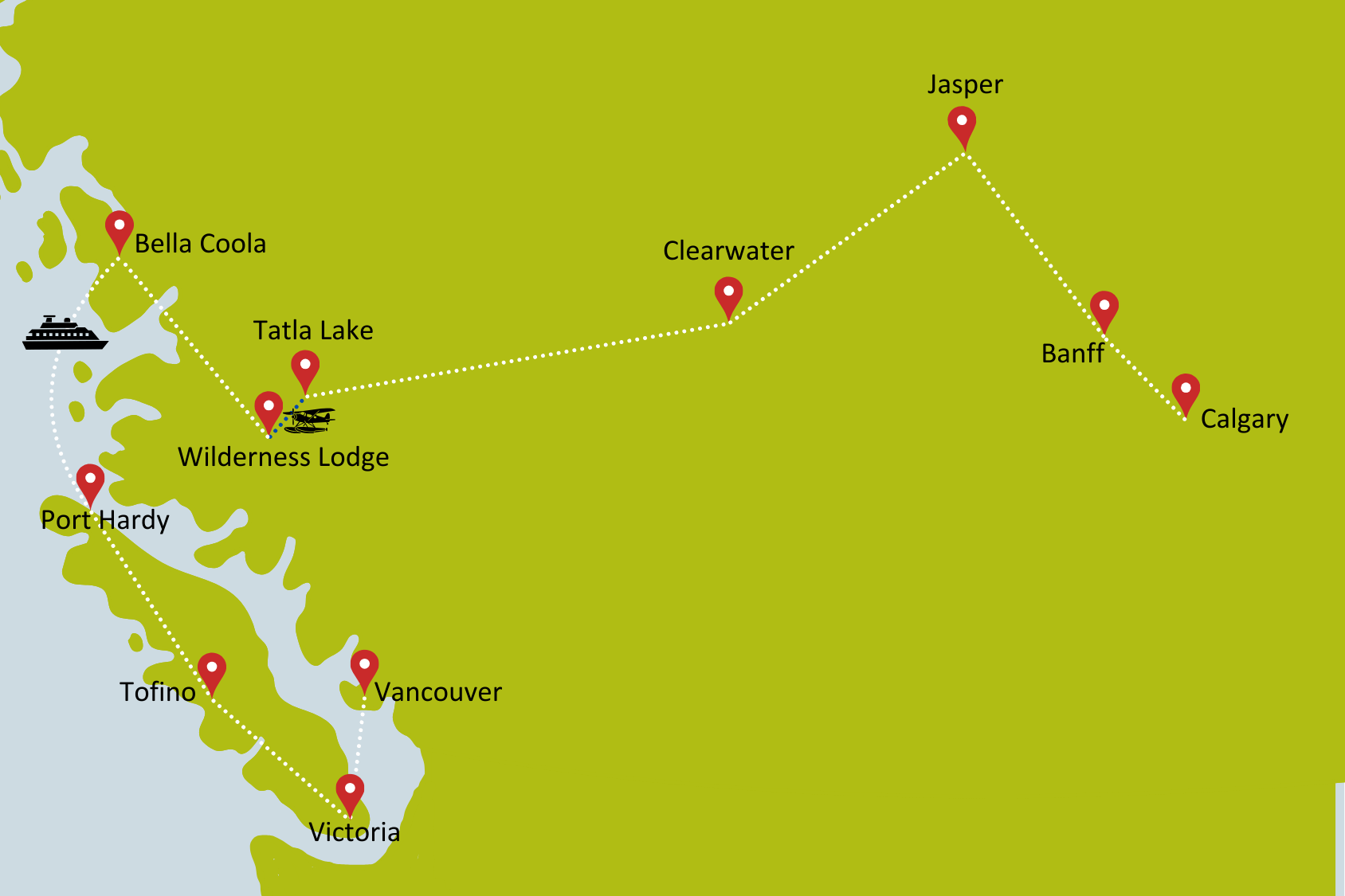 Karte zur Gruppenreise Kanadas Westen mit Fly-In Wildnislodge
